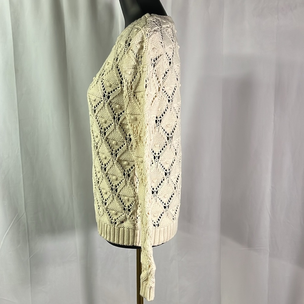 Tommy Hilfiger Cream Chunky Loose Pom Pom Knit Long Sleeve Cotton Sweater - Picture 2 of 16
